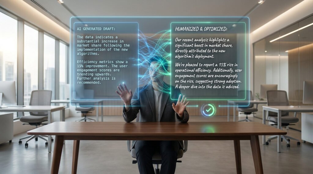 Un homme interagit avec deux écrans holographiques affichant un brouillon IA et une version texte optimisée et humanisée.