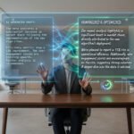 Un homme interagit avec deux écrans holographiques affichant un brouillon IA et une version texte optimisée et humanisée.