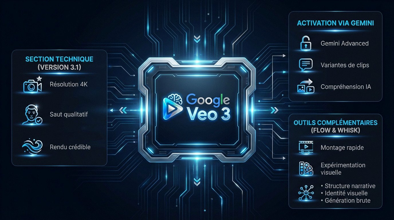 Infographie présentant les caractéristiques techniques et les outils de l'écosystème Google Veo 3