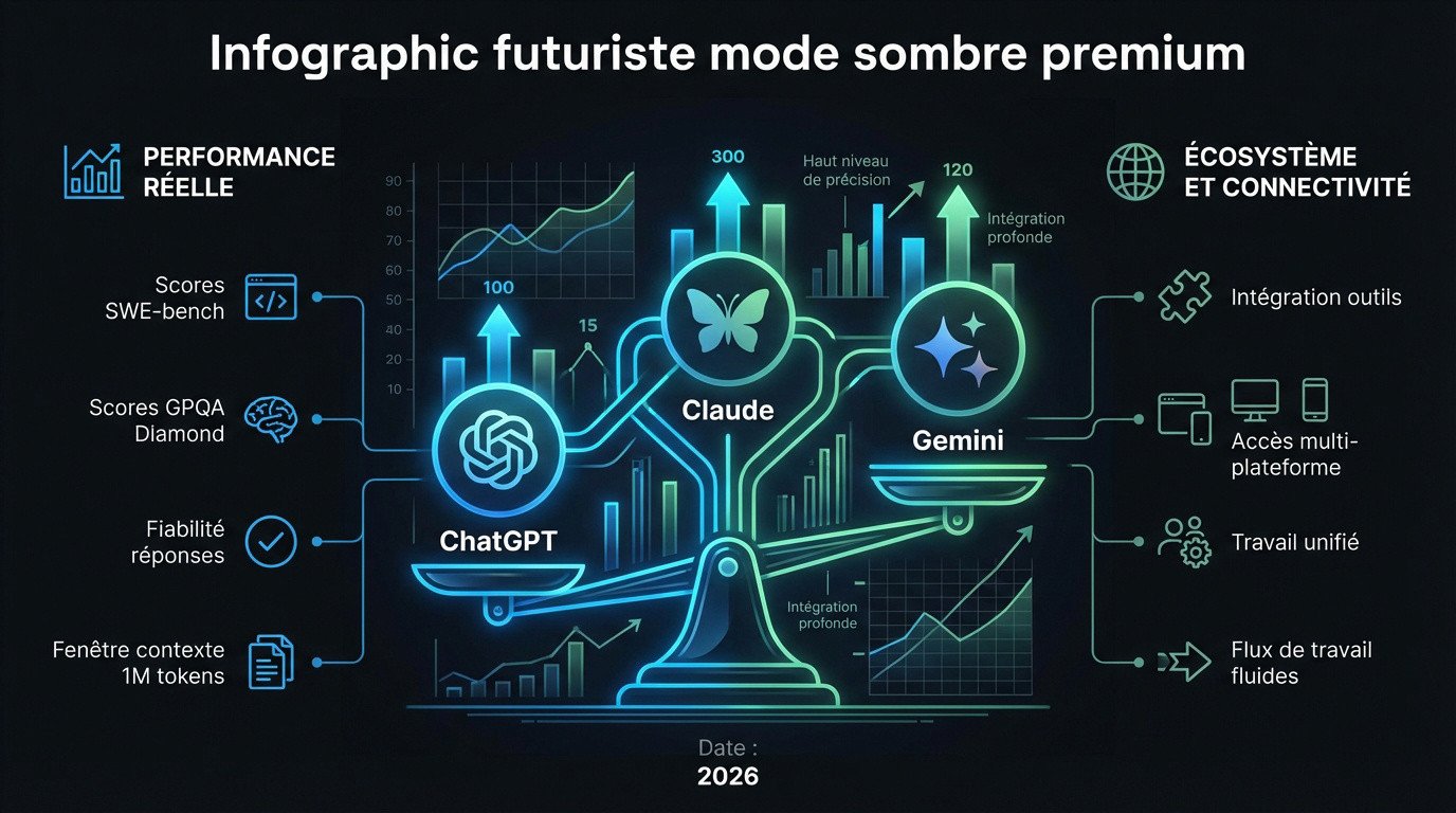 Infographie comparative des performances et écosystèmes des IA en 2026
