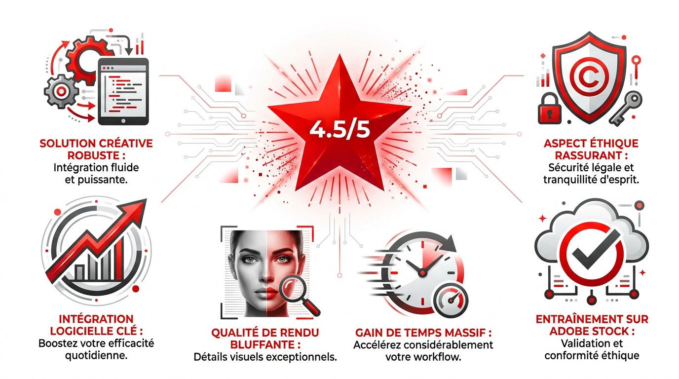 Infographie présentant l'intégration d'Adobe Firefly dans la suite Creative Cloud et ses performances pour les professionnels