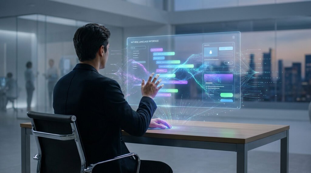Homme en costume interagit avec une interface utilisateur holographique "Natural Language Interface" affichant code et UI en bureau moderne.