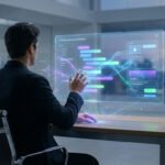 Homme en costume interagit avec une interface utilisateur holographique "Natural Language Interface" affichant code et UI en bureau moderne.