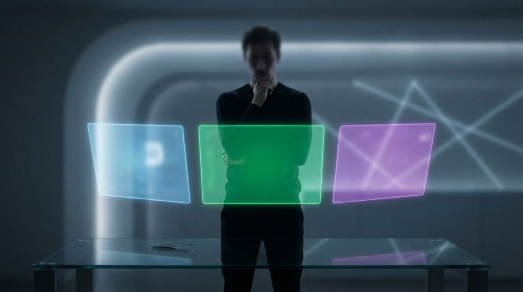 Une personne floue réfléchit devant trois écrans holographiques lumineux (bleu, vert, violet) flottant, symbolisant un choix d'IA.