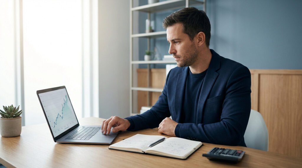 Un homme concentré analyse des données sur un ordinateur portable avec un carnet et une calculatrice à son bureau.