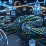 Serpent lumineux de fils bleus et verts sur un circuit futuriste sombre, symbolisant le jeu numérique.