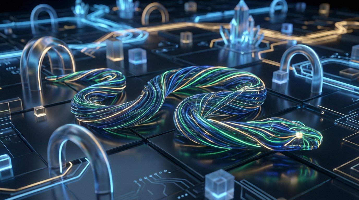 Serpent lumineux de fils bleus et verts sur un circuit futuriste sombre, symbolisant le jeu numérique.