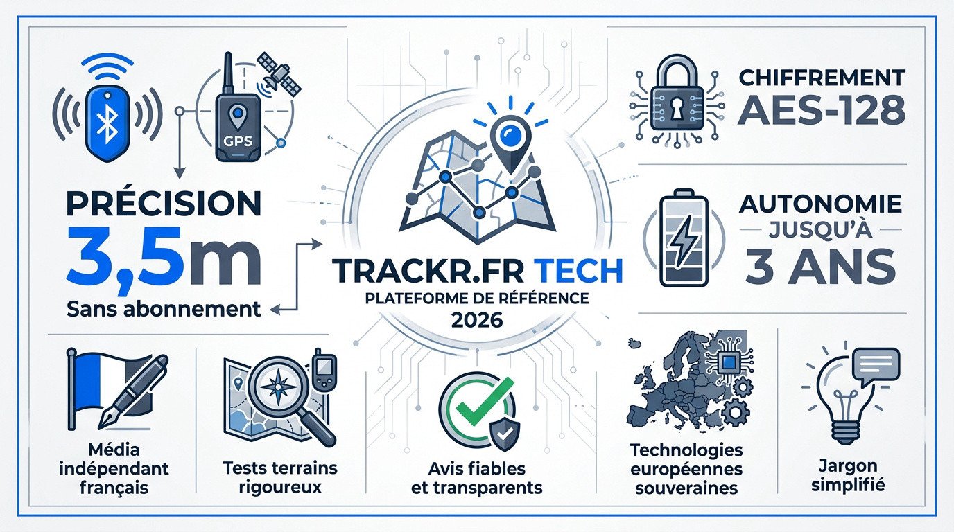 Interface de l'application Trackr.fr tech affichant la localisation précise d'un traceur GPS en 2026
