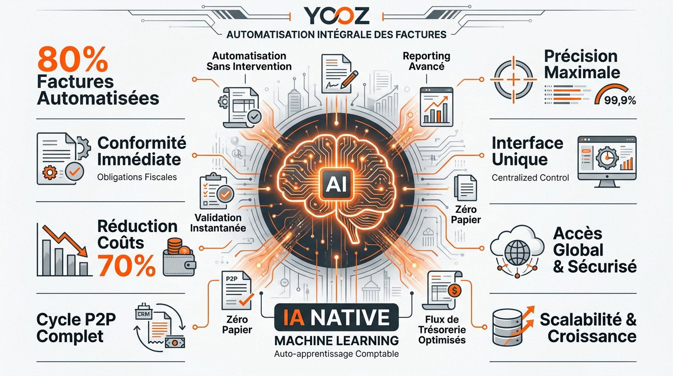 Interface Yooz affichant l'automatisation intelligente des factures par IA
