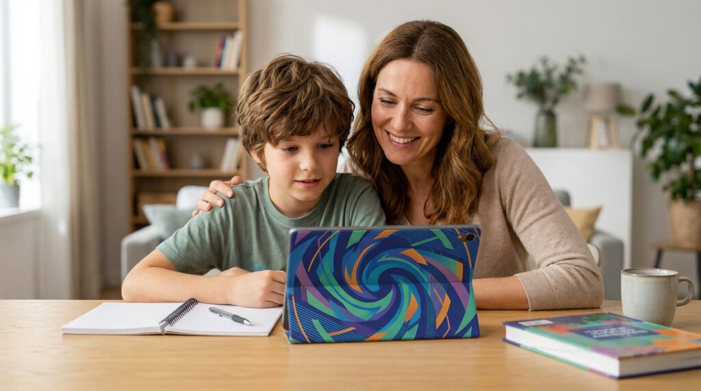 Une mère souriante aide son fils à étudier sur une tablette numérique dans un salon lumineux.