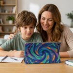Une mère souriante aide son fils à étudier sur une tablette numérique dans un salon lumineux.