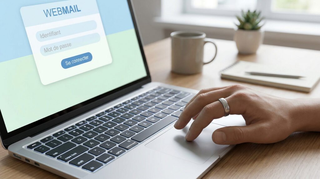 Une personne utilisant un ordinateur portable pour se connecter à une page d'identification de messagerie en ligne.