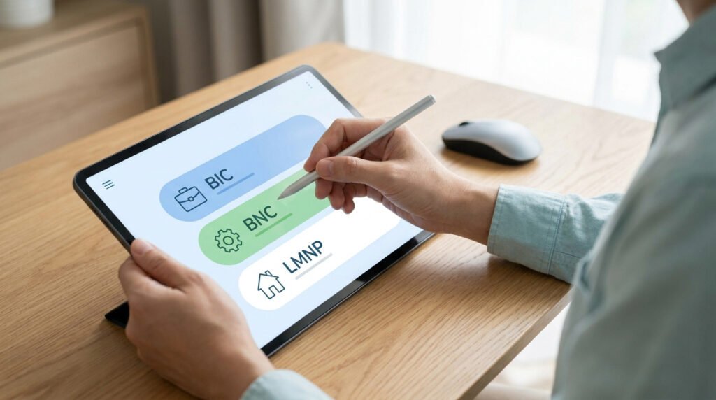 Une personne utilise un stylet sur une tablette pour sélectionner les options BIC, BNC ou LMNP pour sa déclaration fiscale.