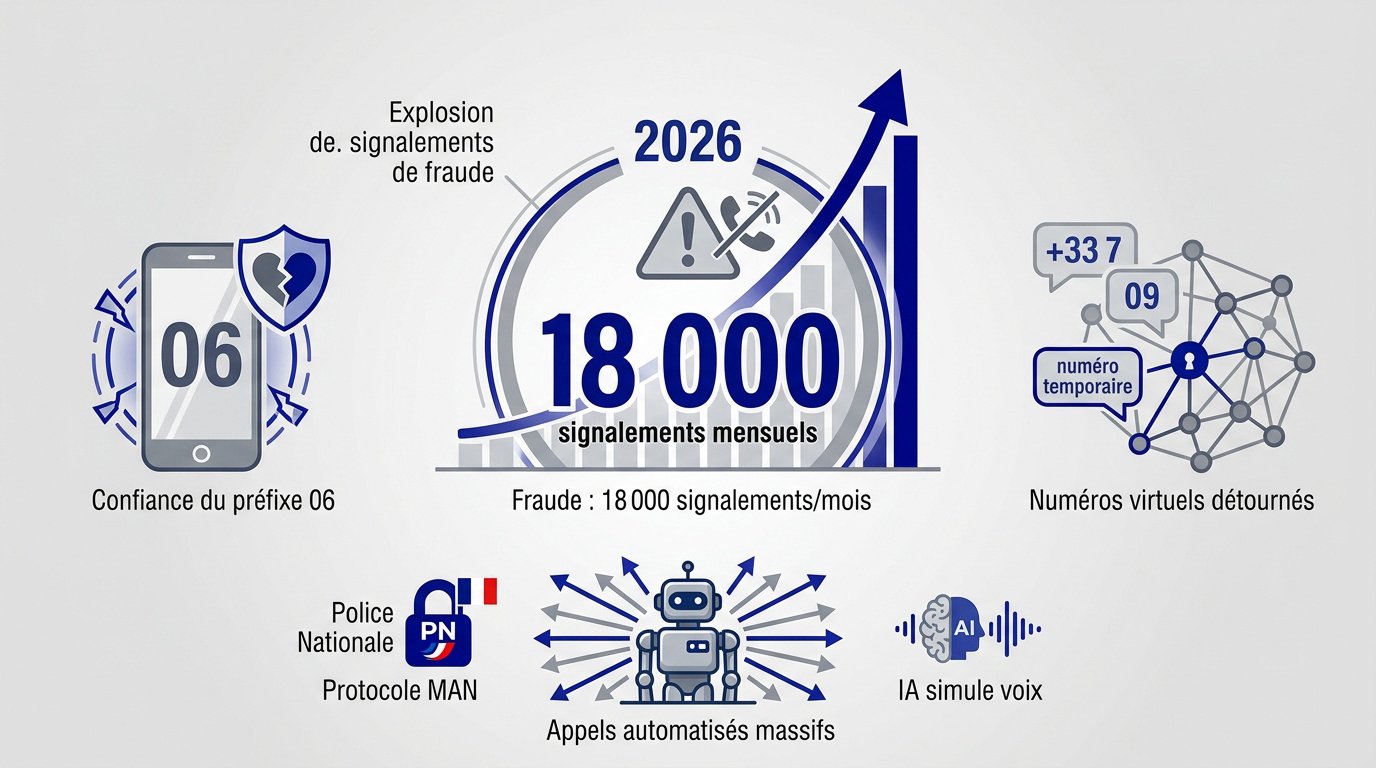 Graphique illustrant l'explosion des fraudes téléphoniques avec 18 000 signalements par mois en 2026