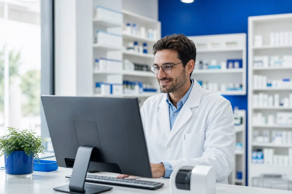 écran Digipharmacie ouvert dans une officine moderne